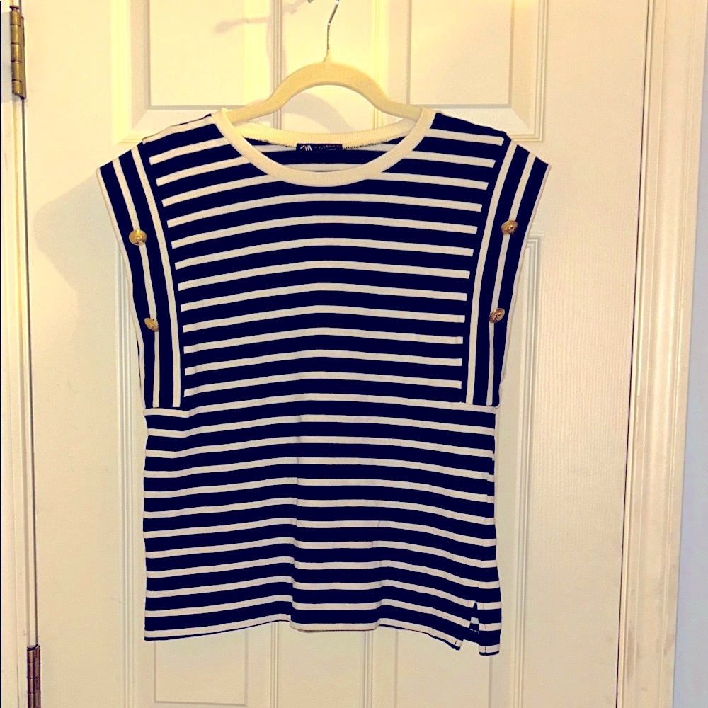 NEW Zara Navy Blue and White Striped Cotton Sleeveless Gold Button Detail Shirt